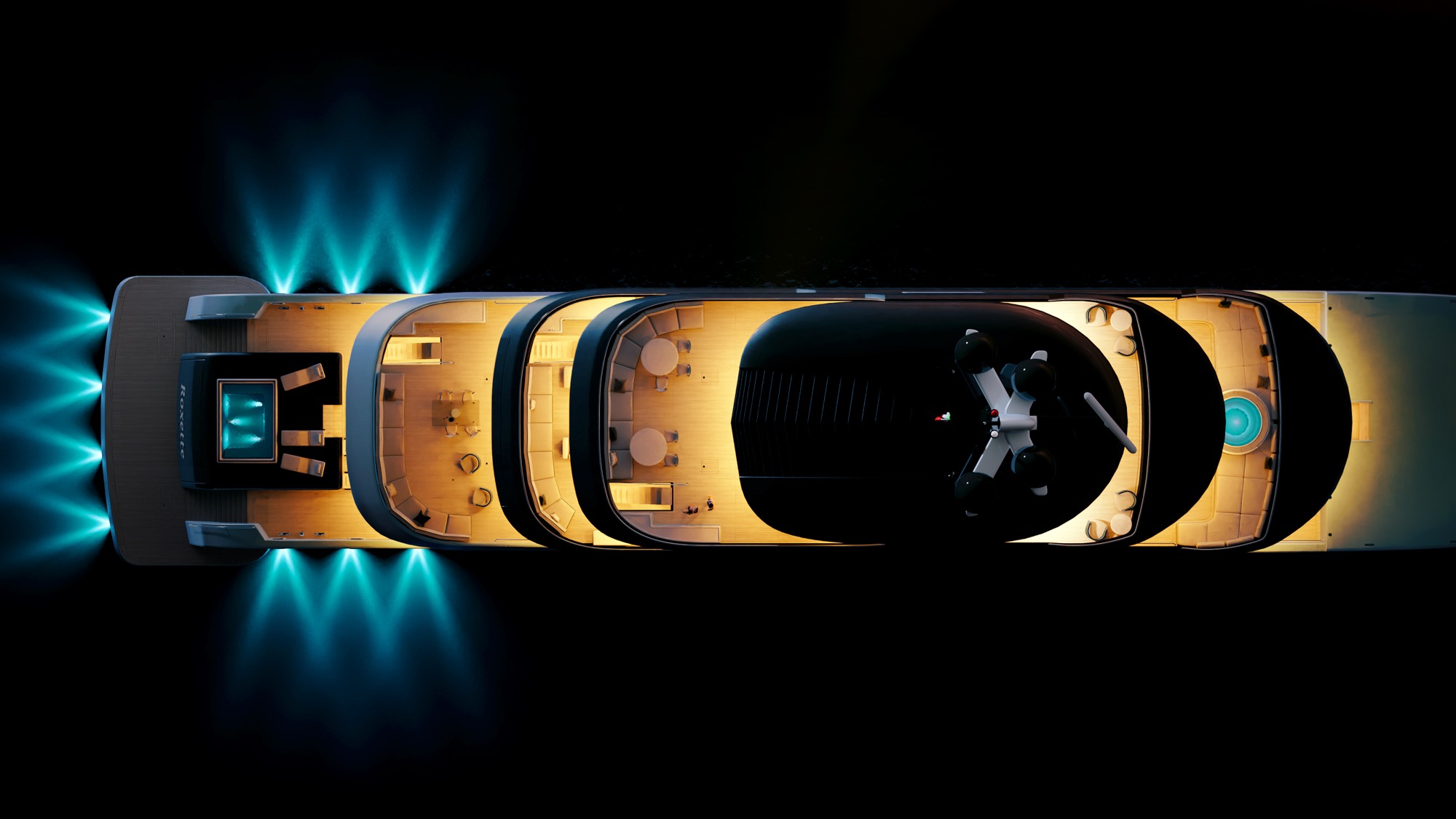 3D rendering superjacht avond