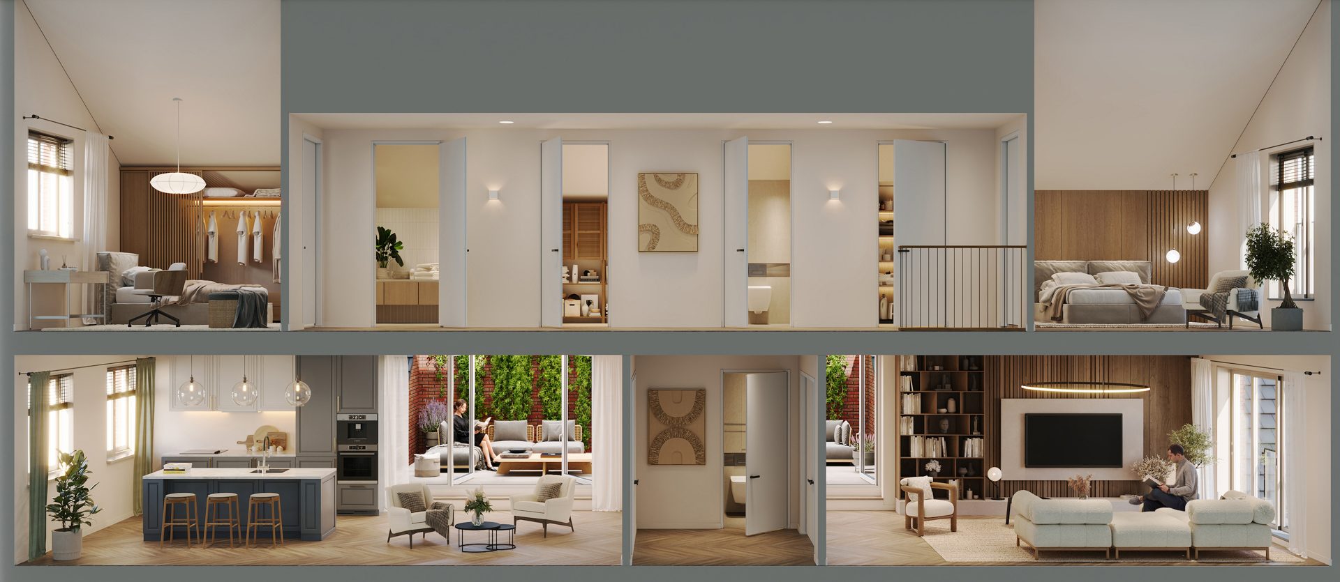3D visualisatie doorsnede appartement twee woonlagen De Zuidsingel Middelburg — interieur indeling keuken woonkamer slaapkamers