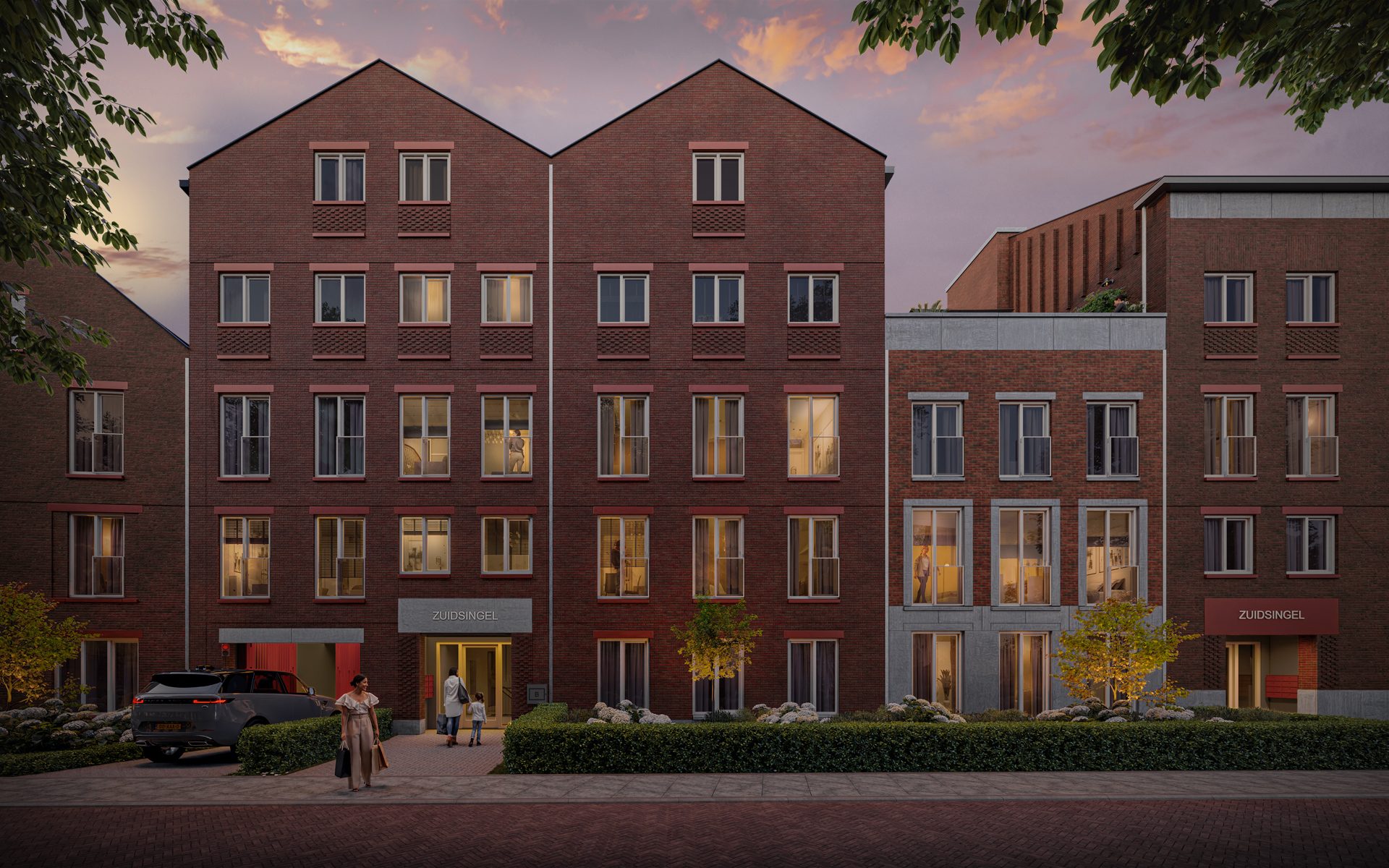 Artist impression De Zuidsingel Middelburg — avondstemming verlichte gevel
